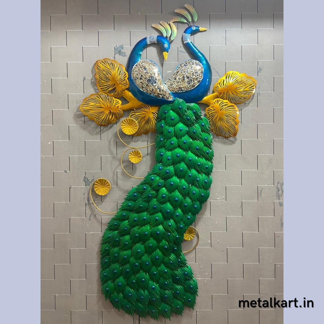 Metallic Double Peacock Wall sculpture (37 x 70 Inches)