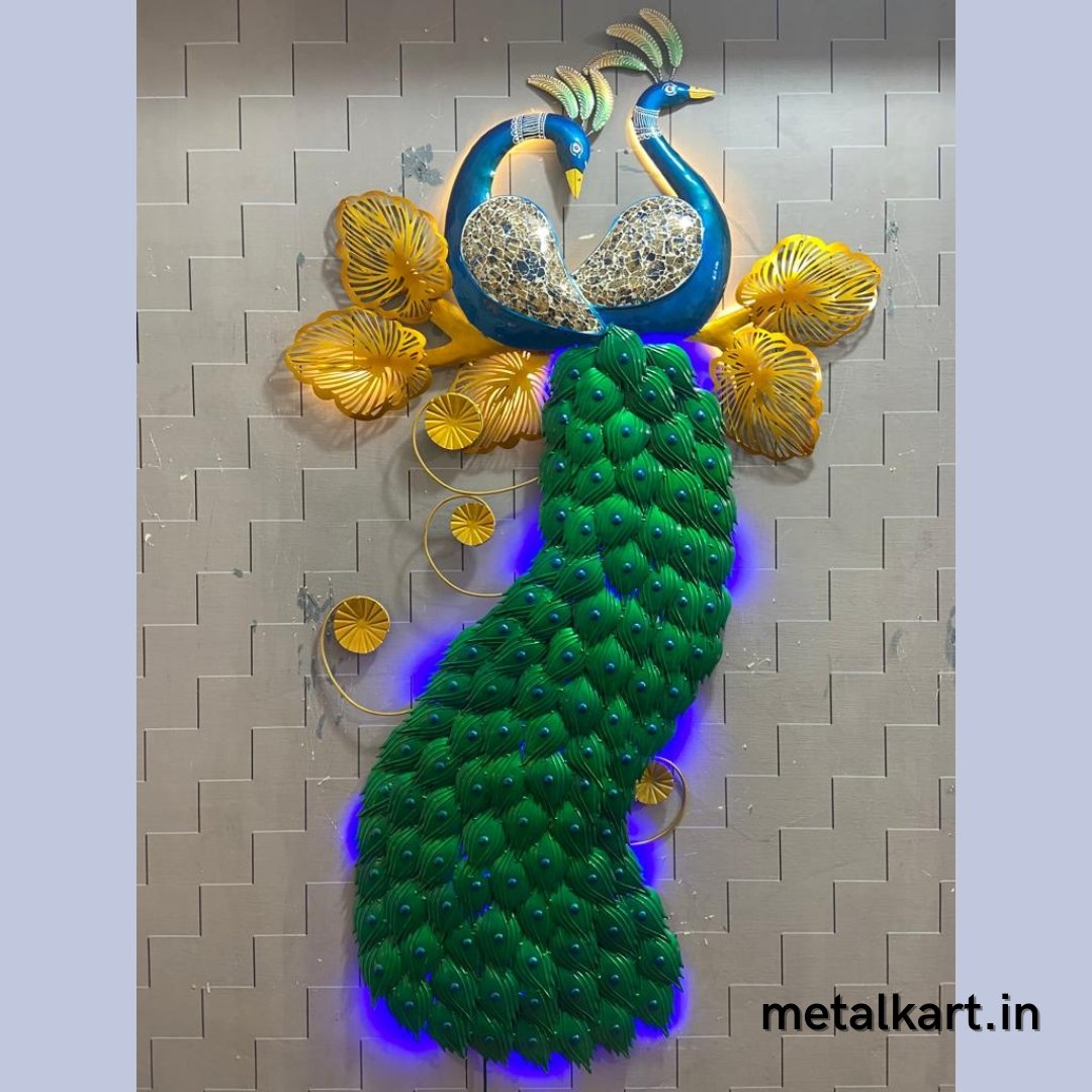 Metallic Double Peacock Wall sculpture (37 x 70 Inches)