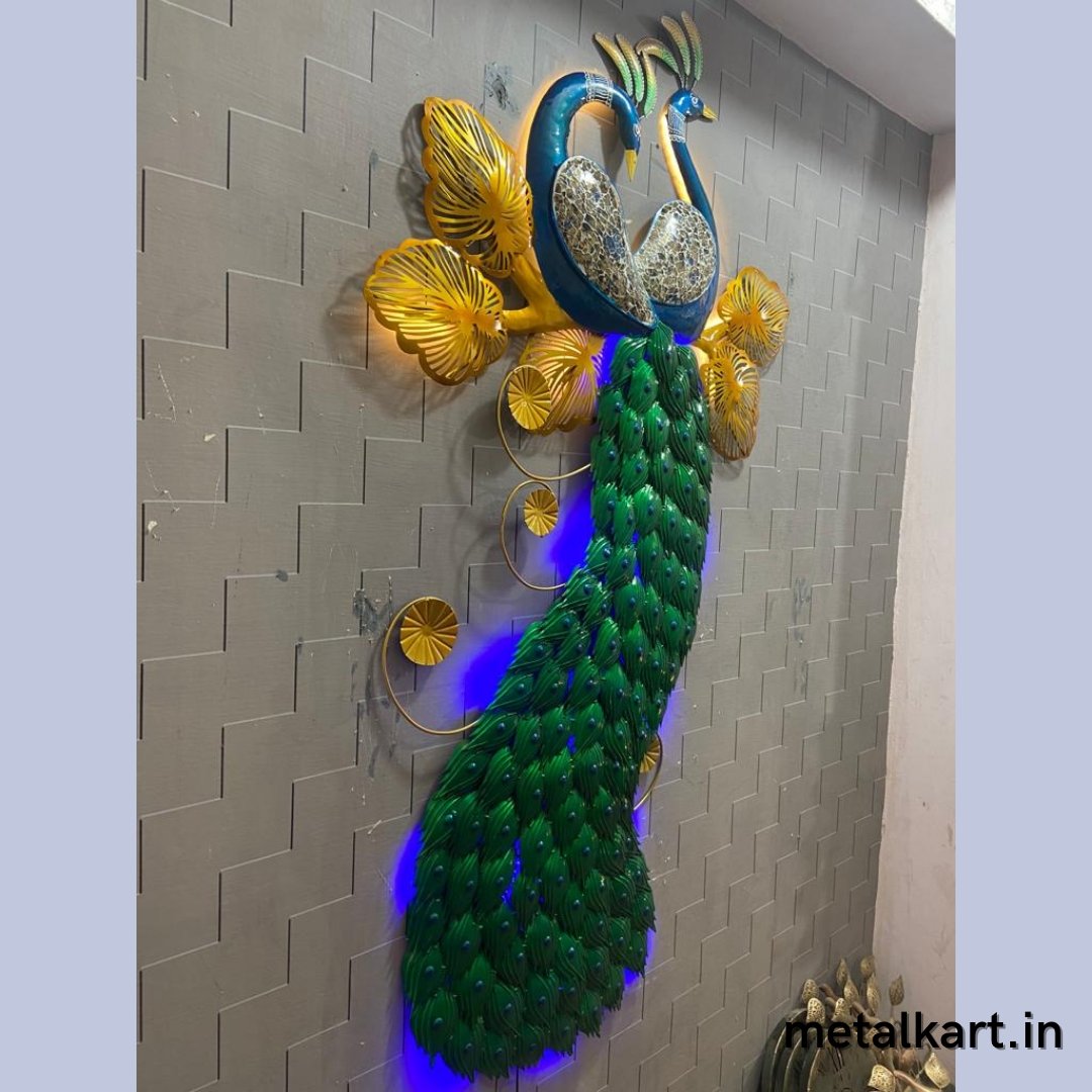Metallic Double Peacock Wall sculpture (37 x 70 Inches)