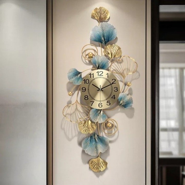 Metallic floral strip wall clock (48 x 20 Inches) - Punam Metalcrafts
