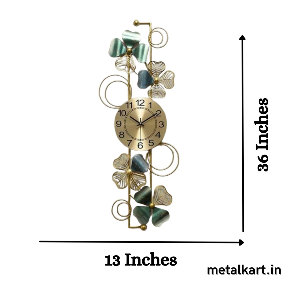 Metallic Floral Vertical Wall Clock for Living room (36 x 13 Inches)