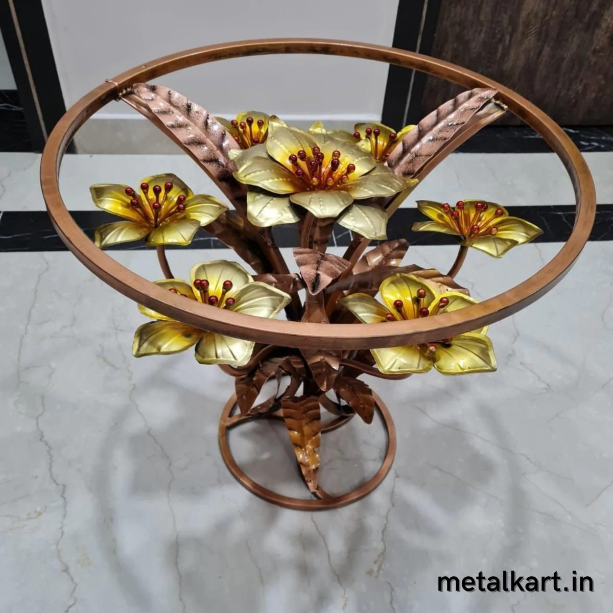 Metallic Multipurpose Flowery Center Table With Glass Top For living room (22.5*22.5*20 Inches approx)
