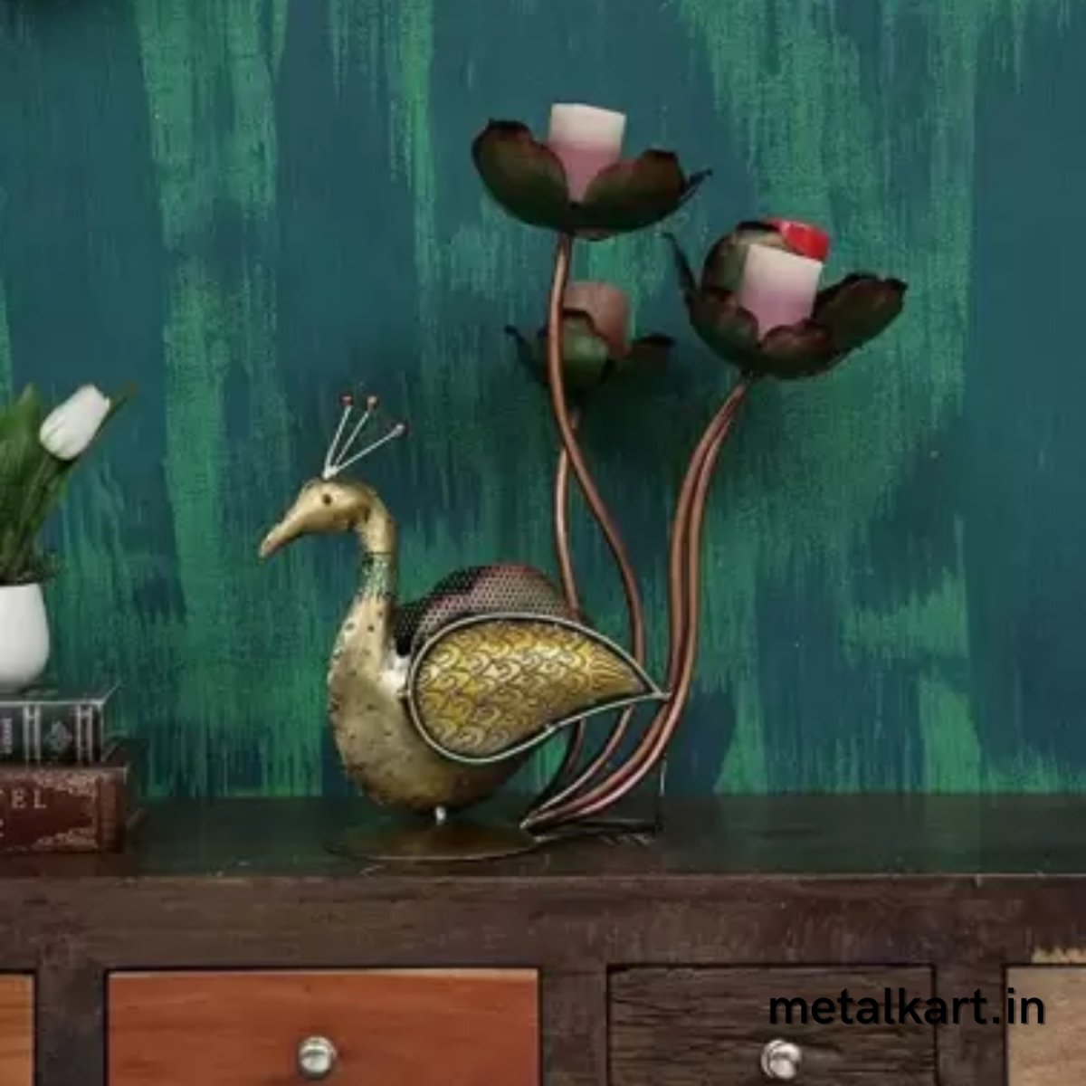 Metallic Peacock Carrying T-Lite Holder Table décor (17*13*20 Inches approx)
