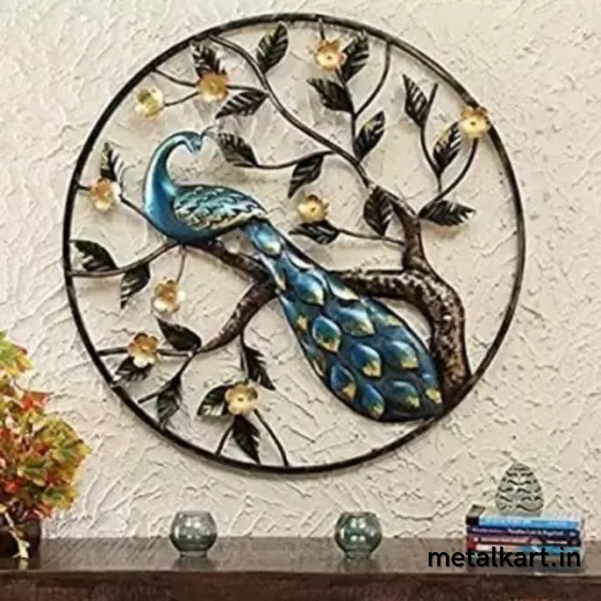 Metallic Peacock perched into Ring shaped branch (36 x 36 Inches)