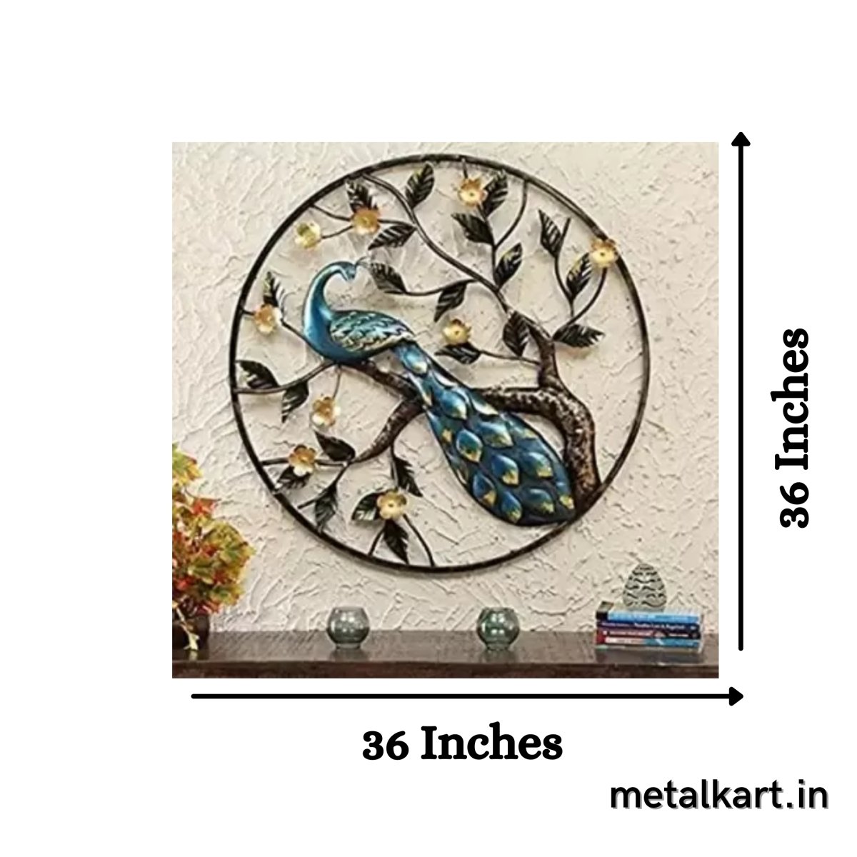 Metallic Peacock perched into Ring shaped branch (36 x 36 Inches)