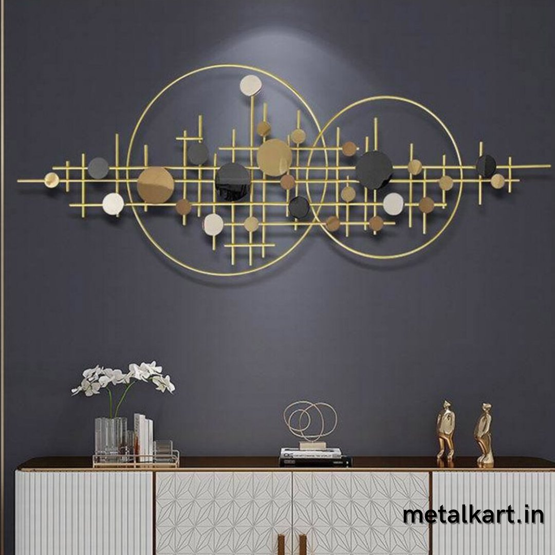Metallic round shaped wall art with geometrical blocks (55 x 22 Inches)