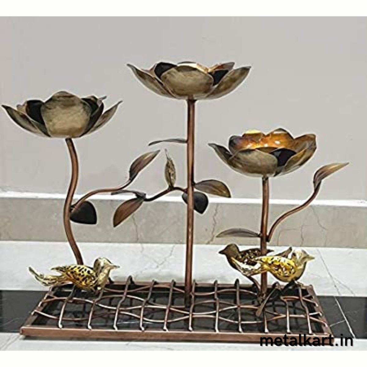 Metallic T-LITE Stand in Lotus Flower with Birds Table décor (22*8*14 Inches)