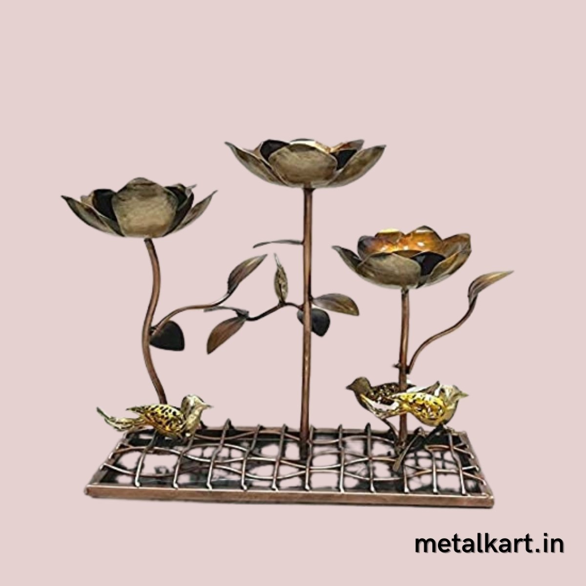 Metallic T-LITE Stand in Lotus Flower with Birds Table décor (22*8*14 Inches)