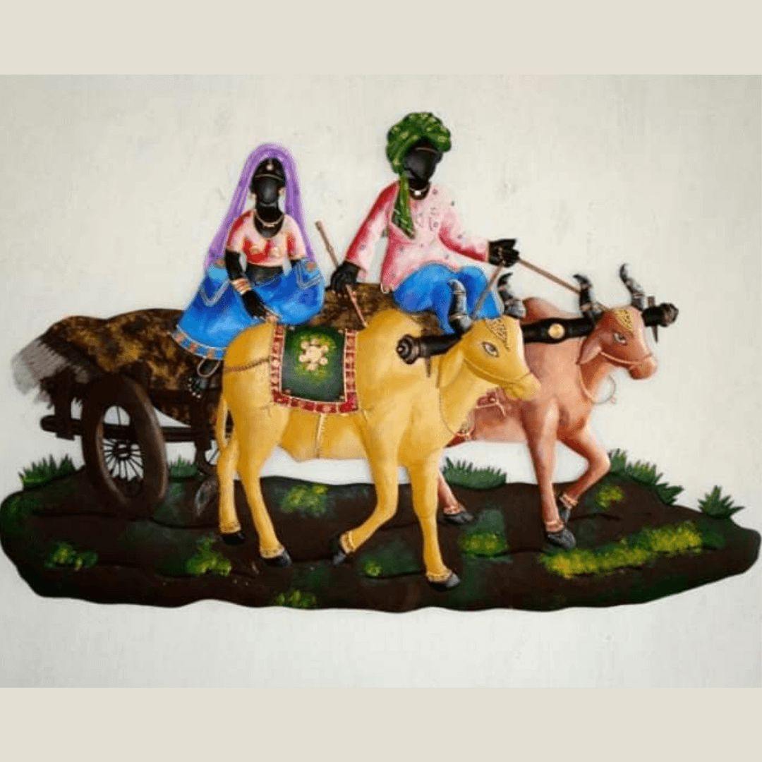 Metallic Wall Art Village life Bullock Cart (Starting 30 * 22 Inches)