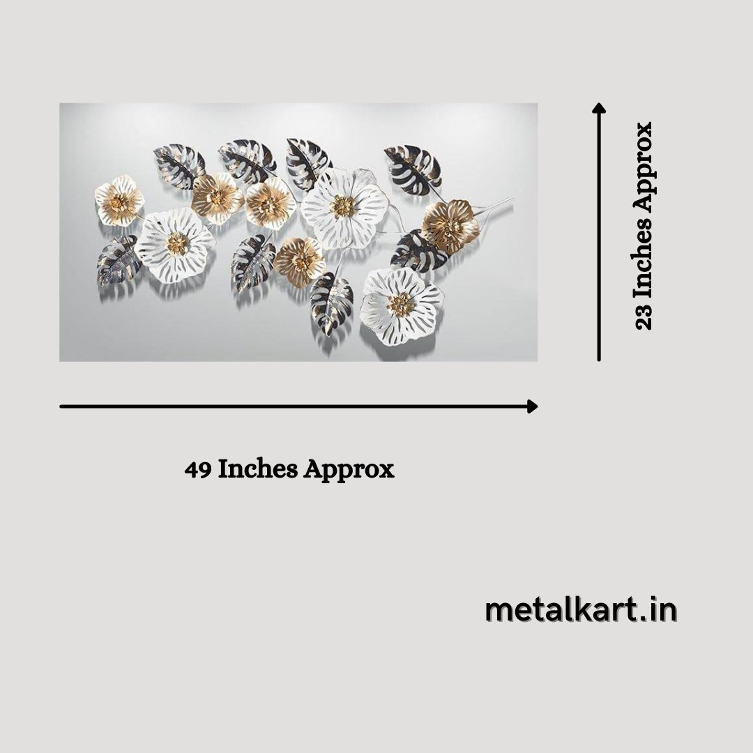 Metallic white flower art with leafy design (49 x 23 Inches)