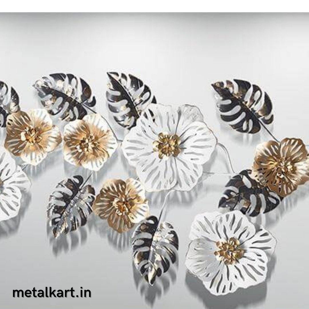 Metallic white flower art with leafy design (49 x 23 Inches)