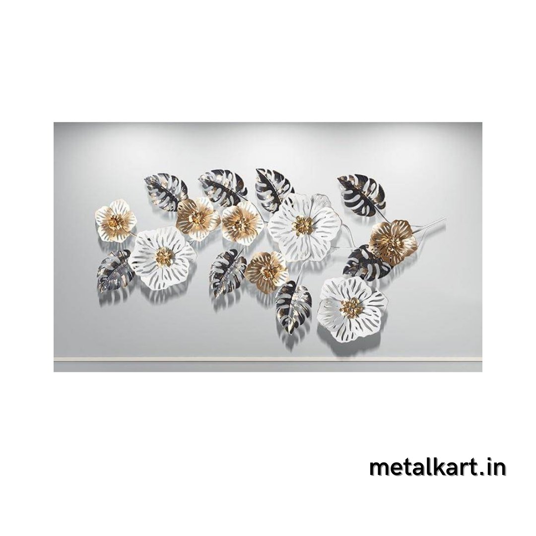 Metallic white flower art with leafy design (49 x 23 Inches)