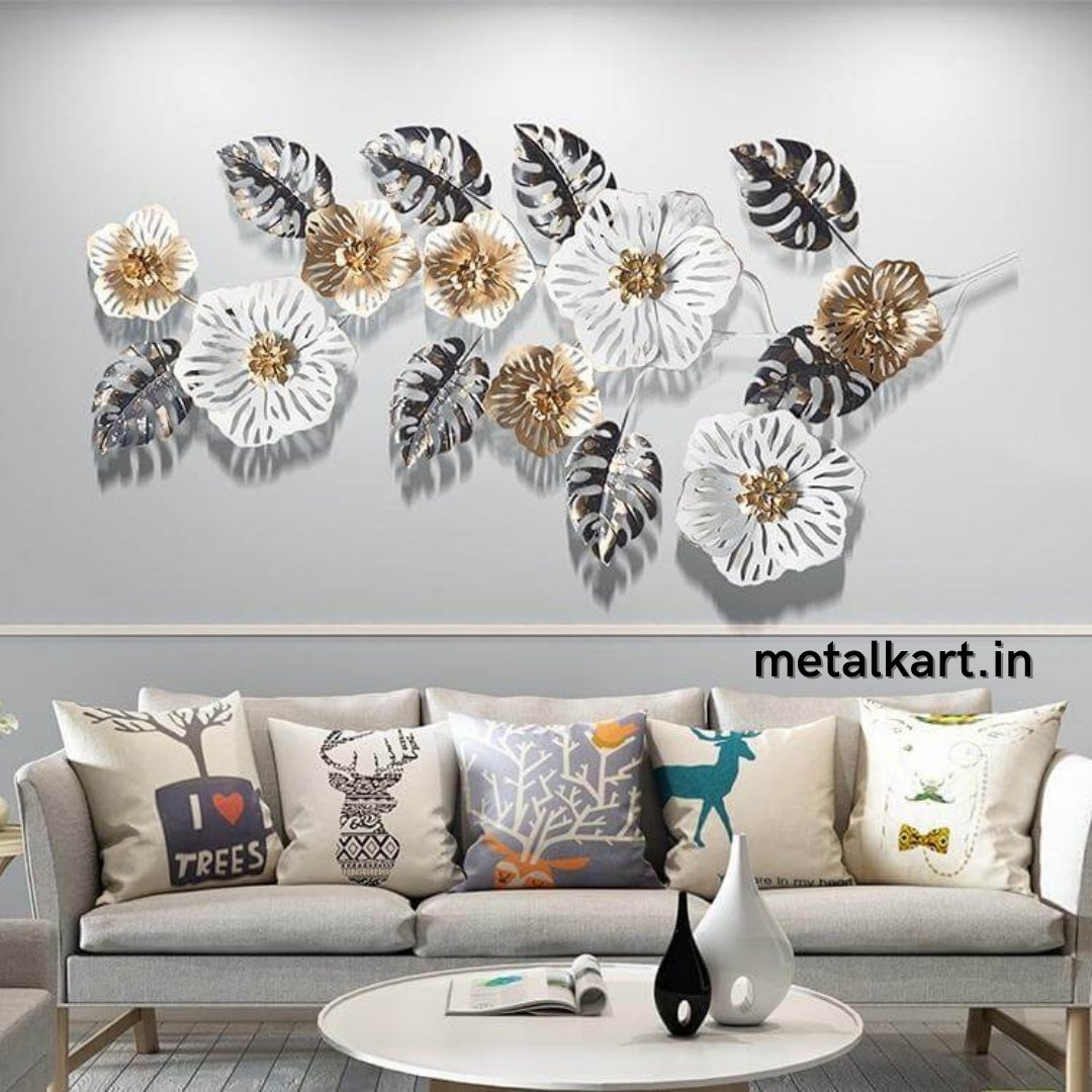 Metallic white flower art with leafy design (49 x 23 Inches)