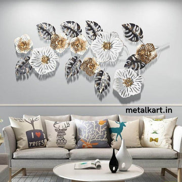 Metallic white flower art with leafy design (49 x 23 Inches)