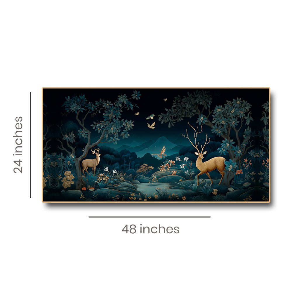 Midnight Musing Canvas Painting of Deer and Bird Engrossed in the Enchanting Moonlight (48x24 Inches)