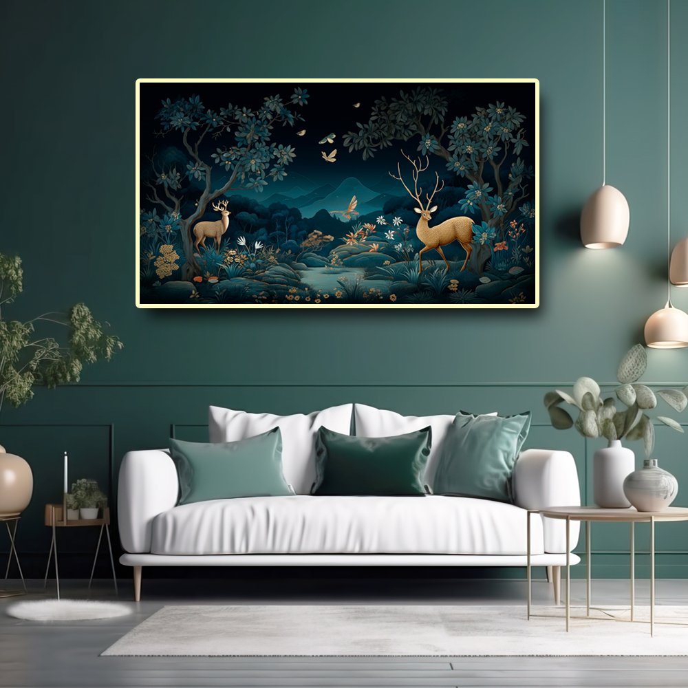 Midnight Musing Canvas Painting of Deer and Bird Engrossed in the Enchanting Moonlight (48x24 Inches)
