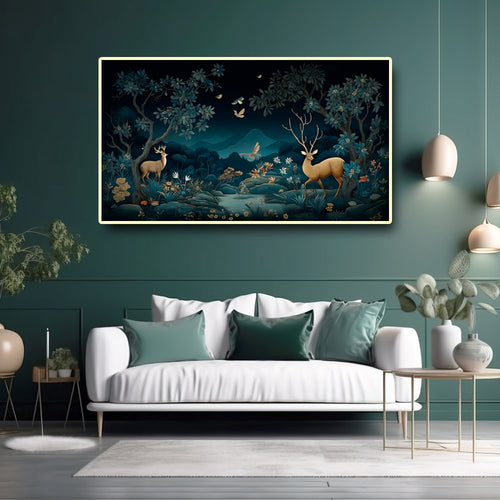 Midnight Musing Canvas Painting of Deer and Bird Engrossed in the Enchanting Moonlight (48x24 Inches)