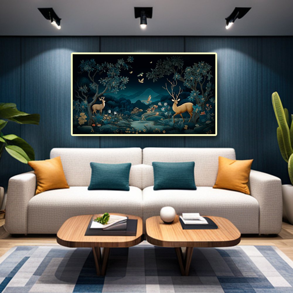 Midnight Musing Canvas Painting of Deer and Bird Engrossed in the Enchanting Moonlight (48x24 Inches)