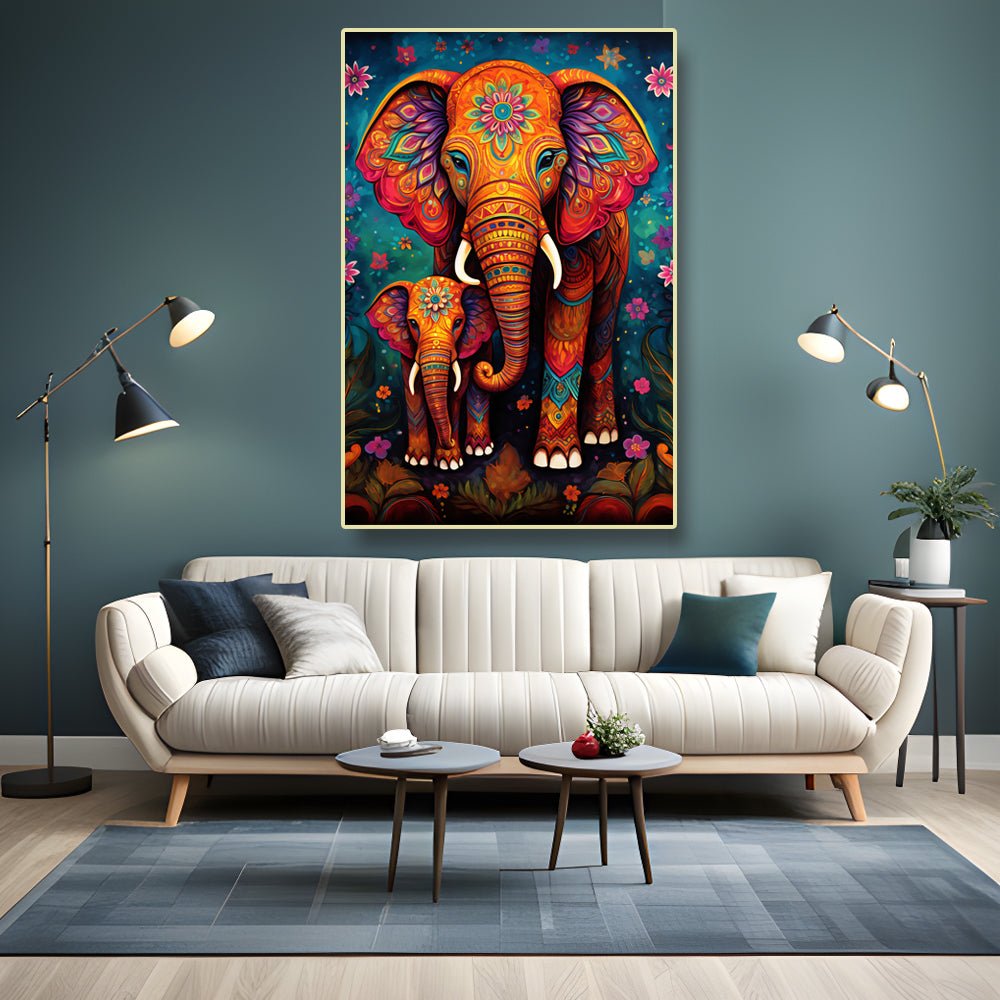 Mother's Love Canvas Painting of Two Majestic Elephants Adorned in Gentle Florals (36 x 24 Inches)