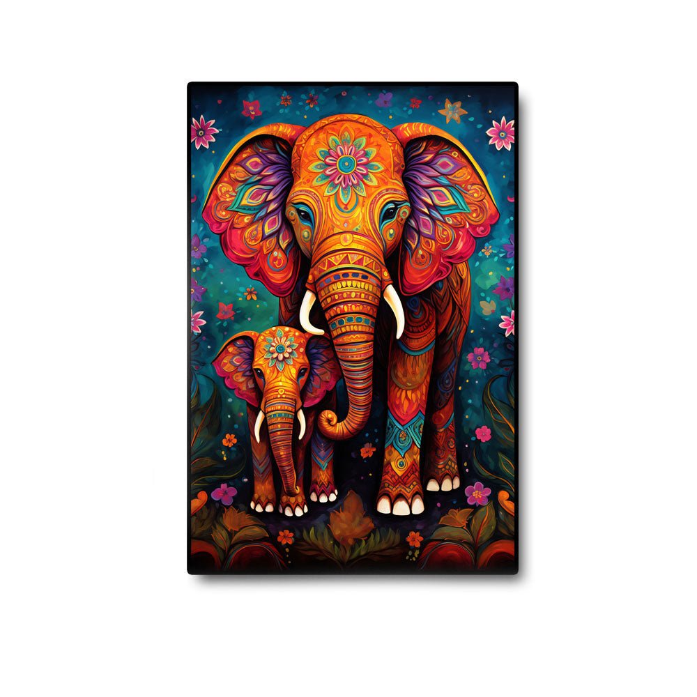 Mother's Love Canvas Painting of Two Majestic Elephants Adorned in Gentle Florals (36 x 24 Inches)