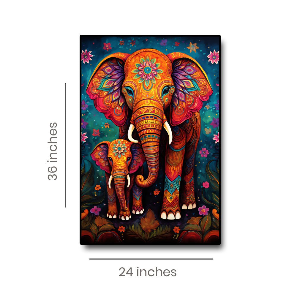 Mother's Love Canvas Painting of Two Majestic Elephants Adorned in Gentle Florals (36 x 24 Inches)