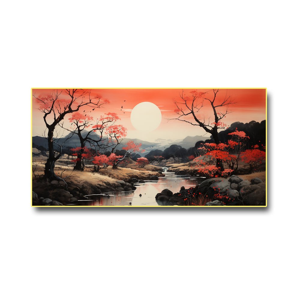 Nature Wall Art Depicting a Scenic Mountain Sunrise Engraving on Canvas (48 x 24 Inches)