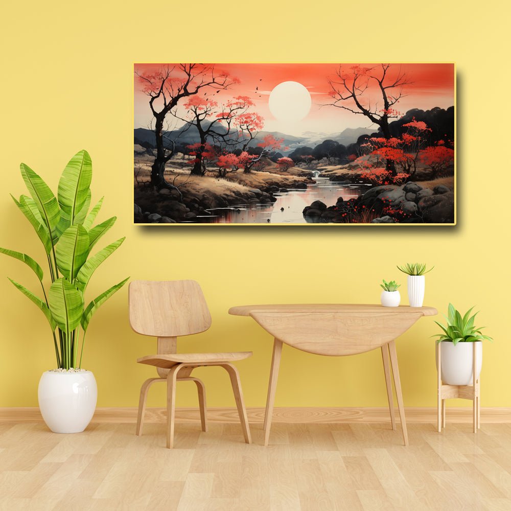 Nature Wall Art Depicting a Scenic Mountain Sunrise Engraving on Canvas (48 x 24 Inches)