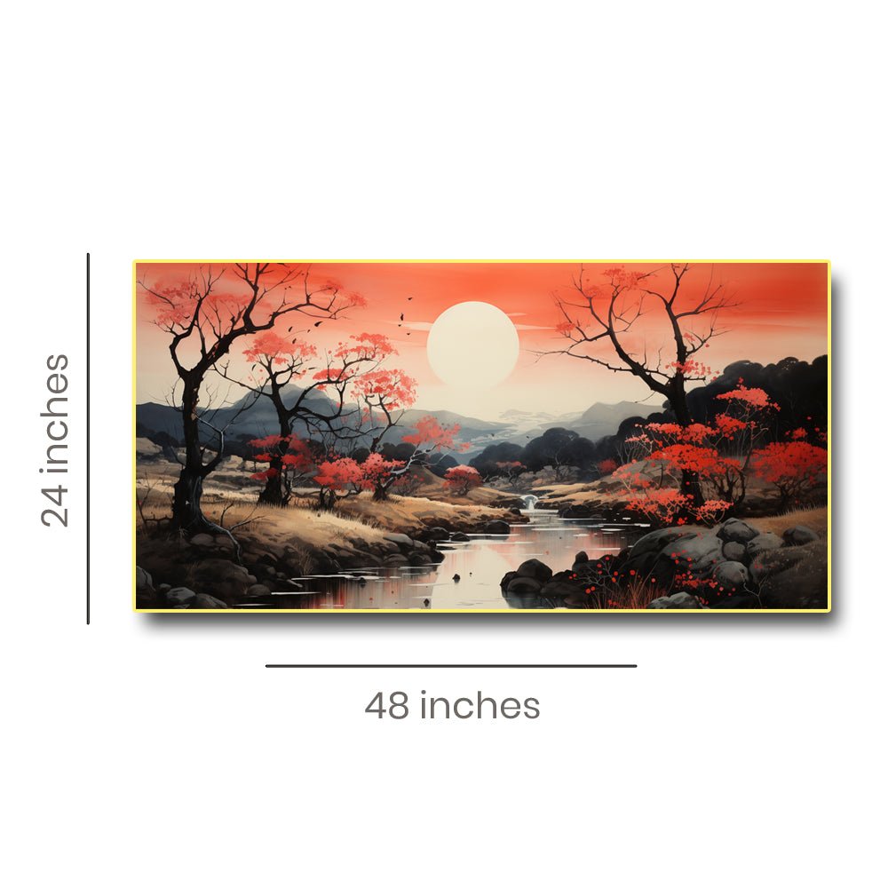 Nature Wall Art Depicting a Scenic Mountain Sunrise Engraving on Canvas (48 x 24 Inches)