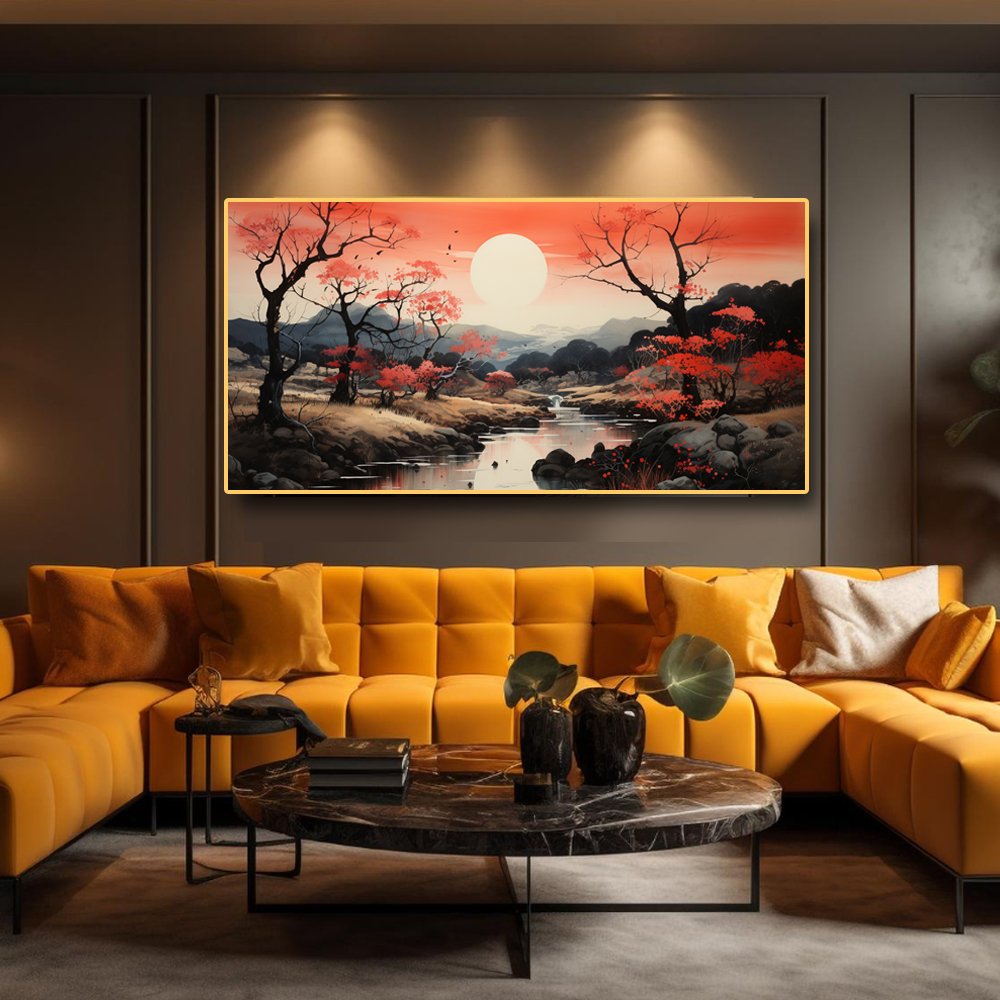 Nature Wall Art Depicting a Scenic Mountain Sunrise Engraving on Canvas (48 x 24 Inches)