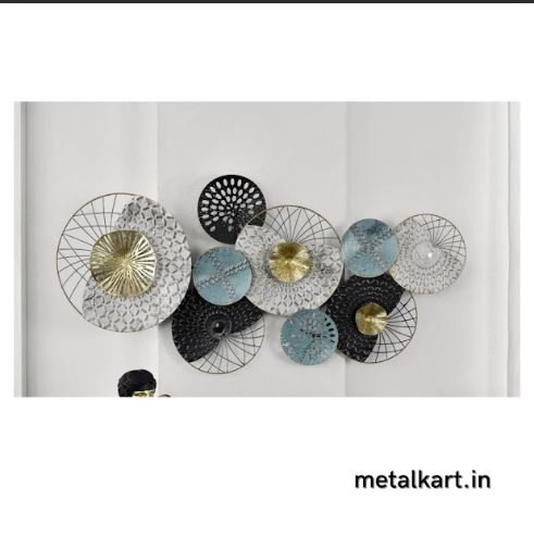 Oceanic Halo Metallic Wall Art with Golden and Serene Sea Blue Circles (48x24 Inches)
