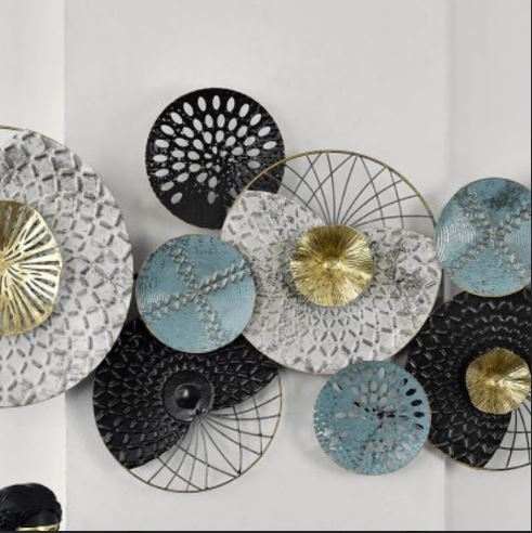 Oceanic Halo Metallic Wall Art with Golden and Serene Sea Blue Circles (48x24 Inches)