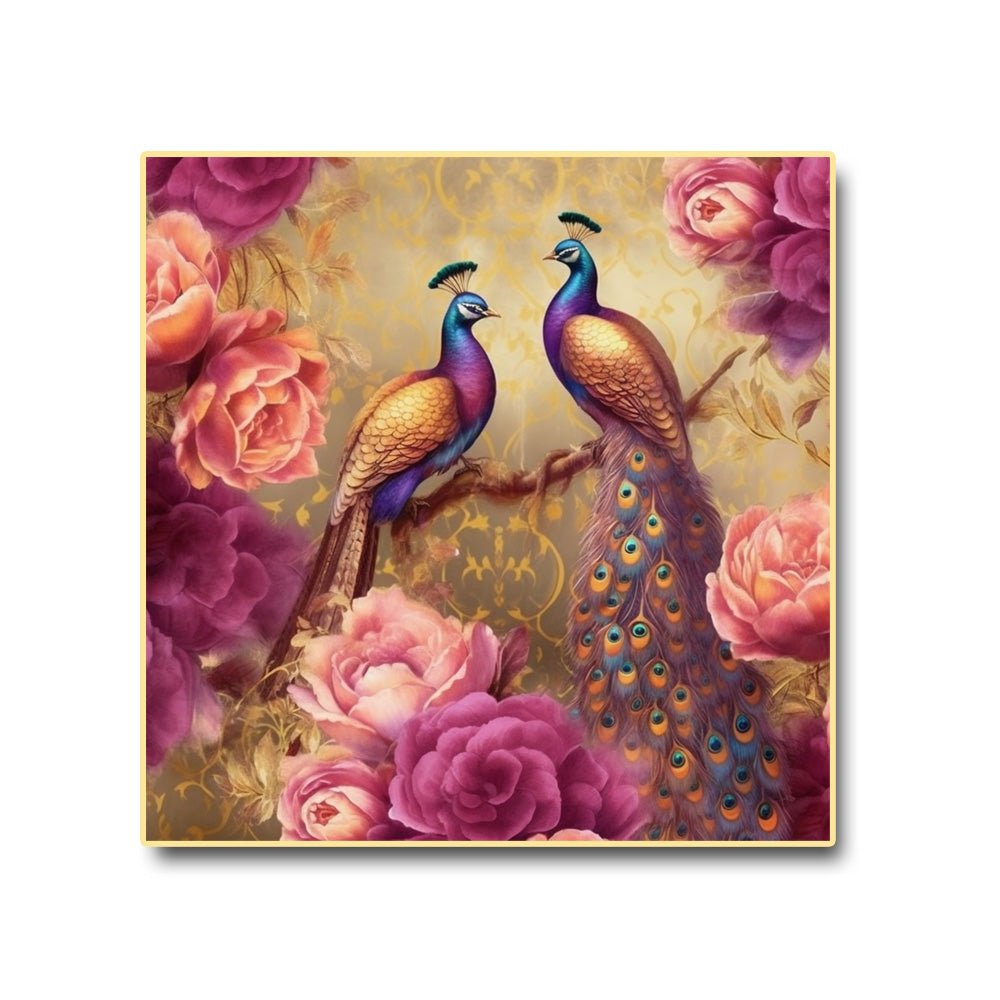 Pink Petal Princes Canvas Painting of Two Peacocks Resting on a Bed of Pink Flowers (36 x 36 Inches)