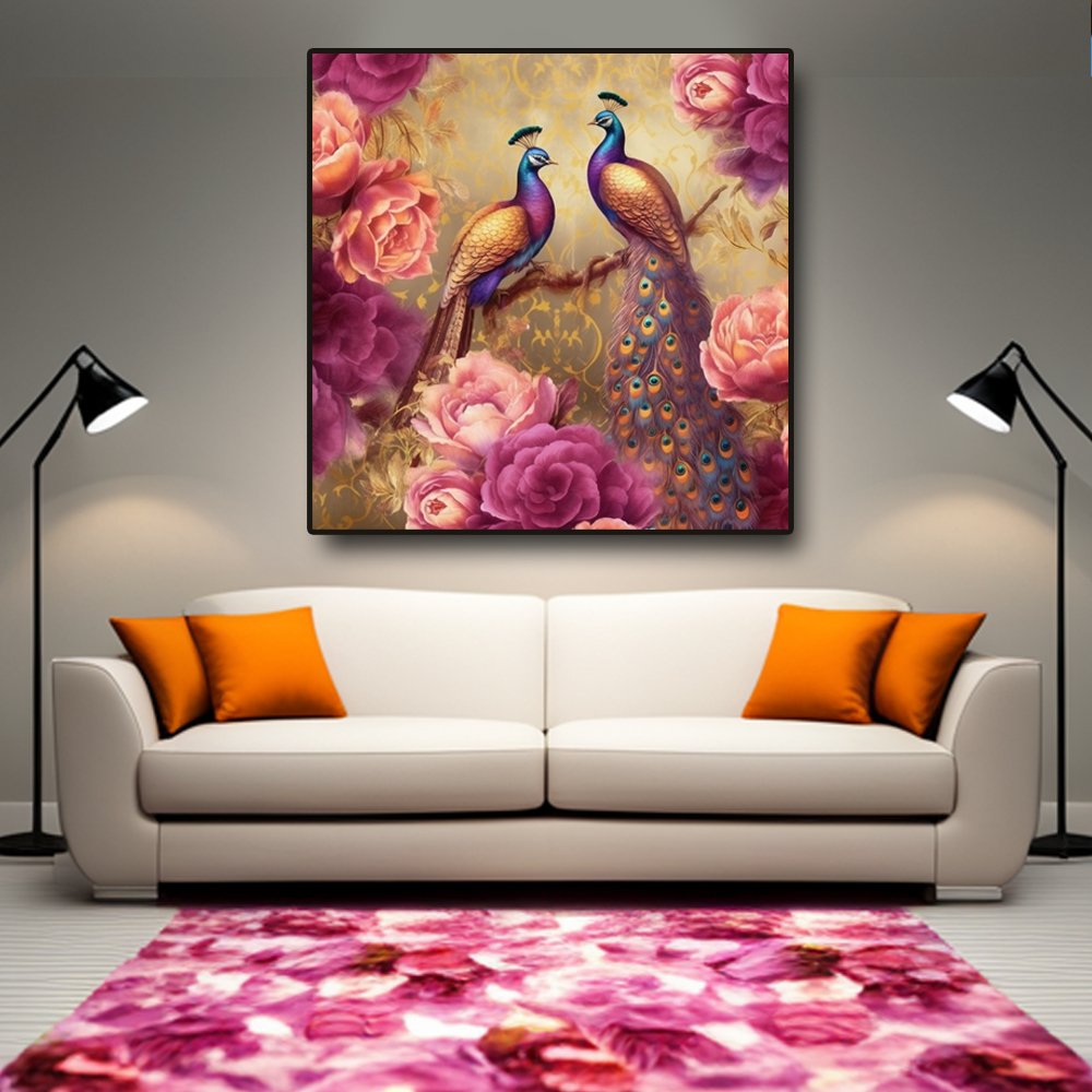 Pink Petal Princes Canvas Painting of Two Peacocks Resting on a Bed of Pink Flowers (36 x 36 Inches)