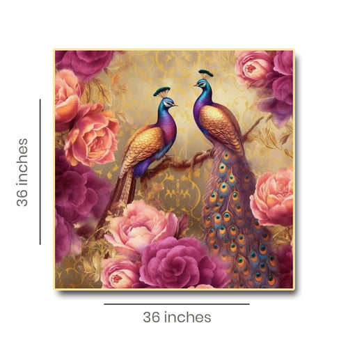 Pink Petal Princes Canvas Painting of Two Peacocks Resting on a Bed of Pink Flowers (36 x 36 Inches)