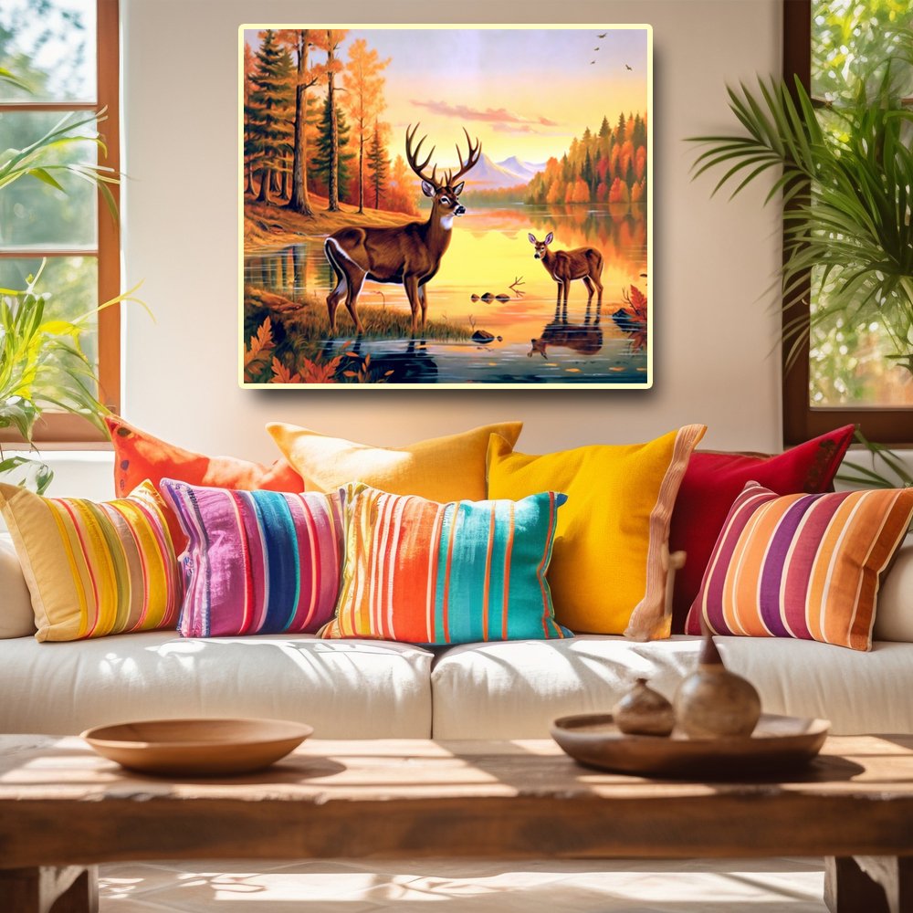Playful Dawn Canvas Painting of Two Elegant Deer Frolicking in the Water (36 x 36 Inches)
