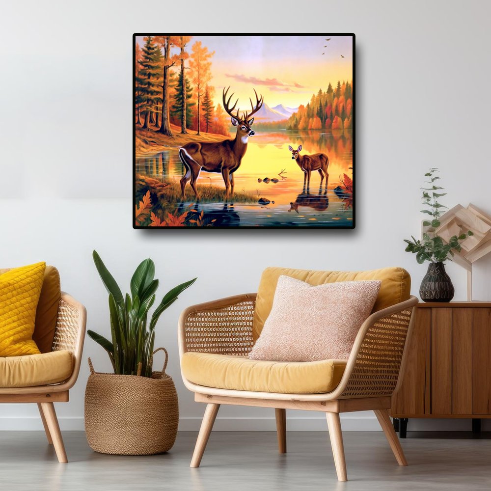 Playful Dawn Canvas Painting of Two Elegant Deer Frolicking in the Water (36 x 36 Inches)