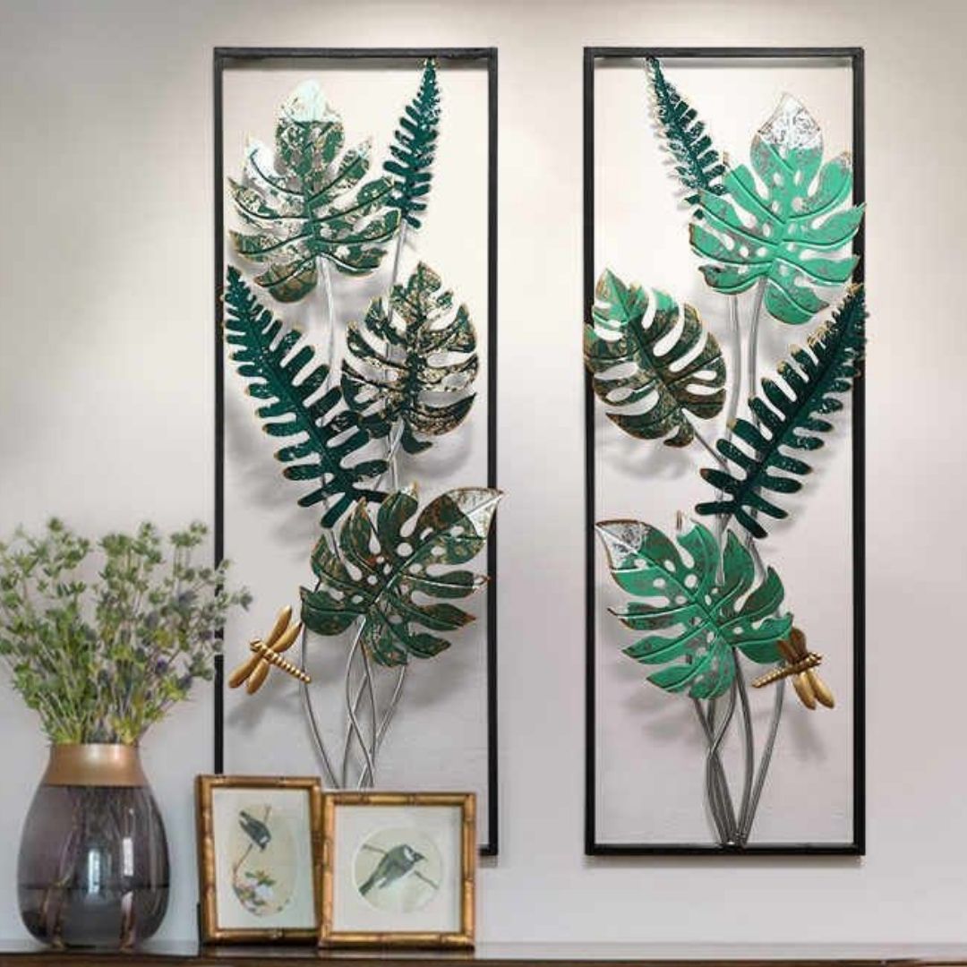 Premium Vertical 2 Framed Stylish Leaves Metal Wall Art (12 x 30 Inches Each Panel)