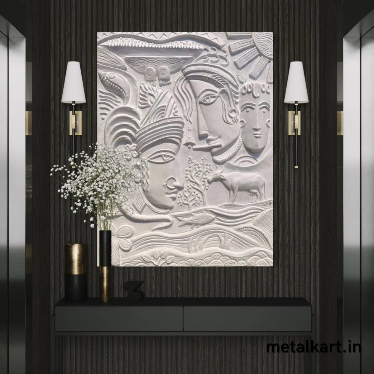 Radha Krishna 3D Relief Carving Cave Wall Art (36 x 24 Inches)