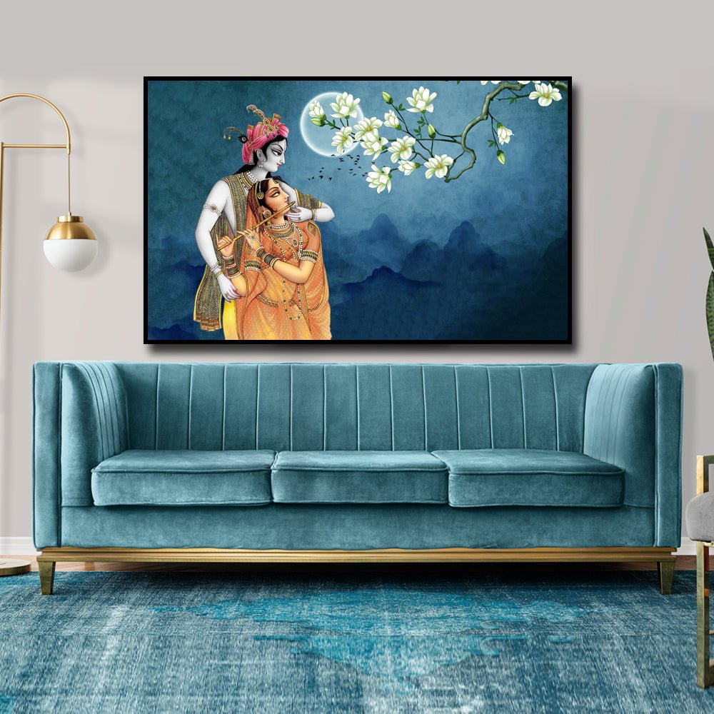 Radha Krishna Canvas Painting Krishna Adhardhari Murli with Radha in Beautiful Moonlight (36 x 24 Inches)