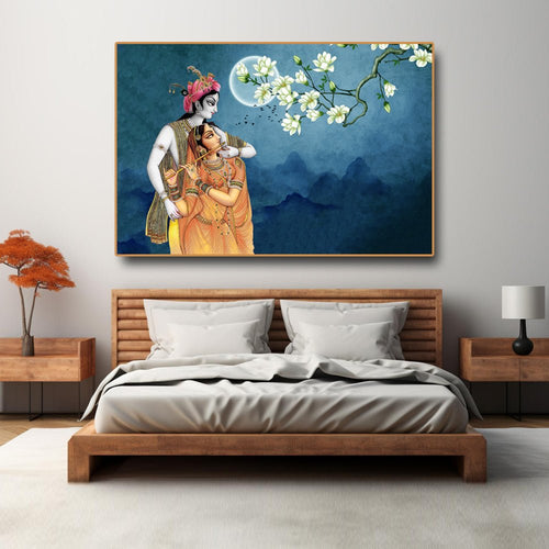 Radha Krishna Canvas Painting Krishna Adhardhari Murli with Radha in Beautiful Moonlight (36 x 24 Inches)