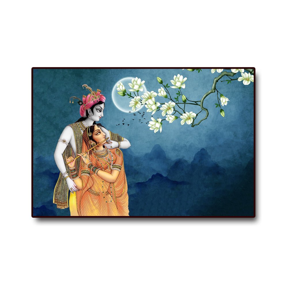 Radha Krishna Canvas Painting Krishna Adhardhari Murli with Radha in Beautiful Moonlight (36 x 24 Inches)
