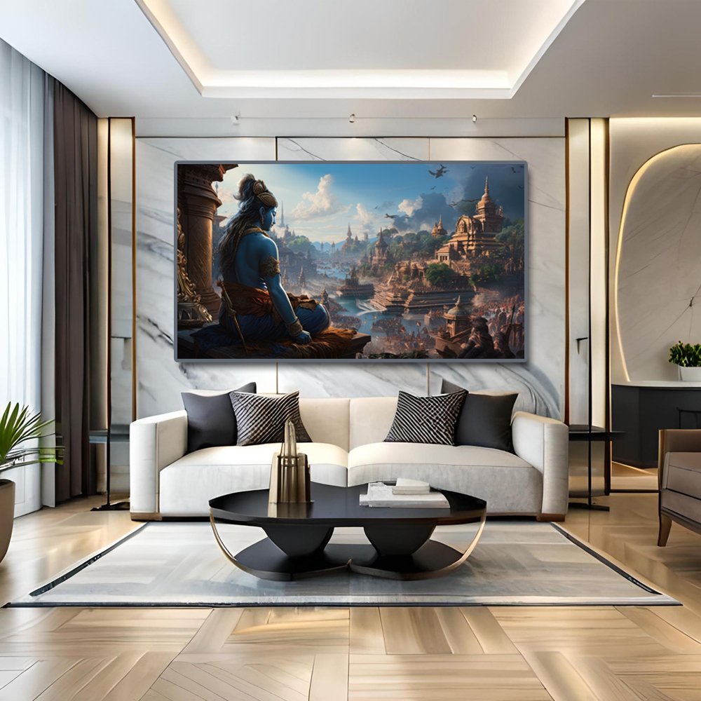 Rama's Serene Observation of Ayodhya's Splendor (48 x 24 Inches)