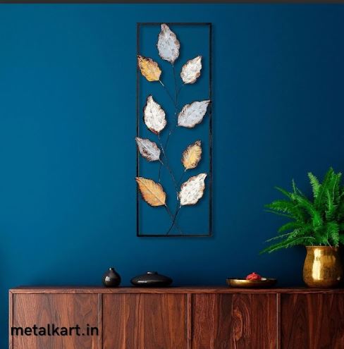 Regal Foliage Metallic Wall Art with 9 Delicate Leaves in a Vertical Hollow Frame (12 x 36 Inches)
