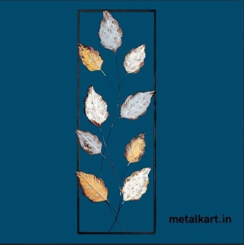 Regal Foliage Metallic Wall Art with 9 Delicate Leaves in a Vertical Hollow Frame (12 x 36 Inches)