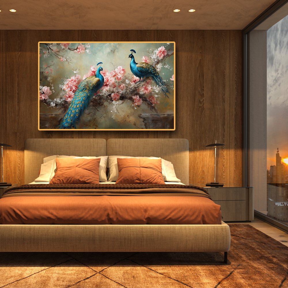 Rose Garden Parade Canvas Painting of Two Peacocks Amidst a Bountiful Bed of Pink Roses (36 x 24 Inches)