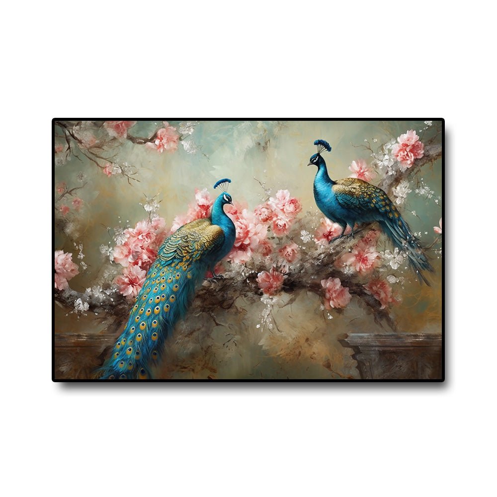Rose Garden Parade Canvas Painting of Two Peacocks Amidst a Bountiful Bed of Pink Roses (36 x 24 Inches)
