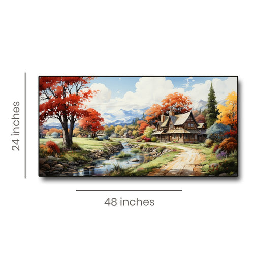 Serene Village Nature Wall Painting on canvas(48 x 24 Inches)