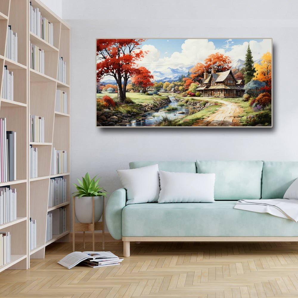 Serene Village Nature Wall Painting on canvas(48 x 24 Inches)