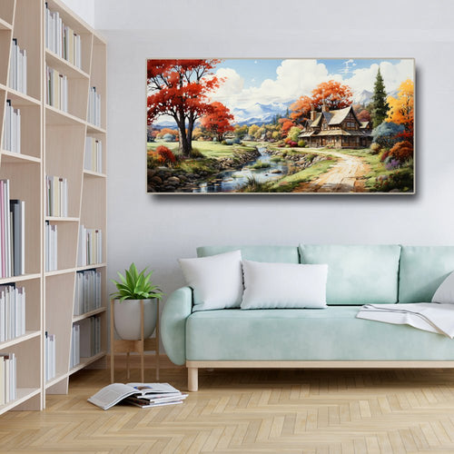 Serene Village Nature Wall Painting on canvas(48 x 24 Inches)