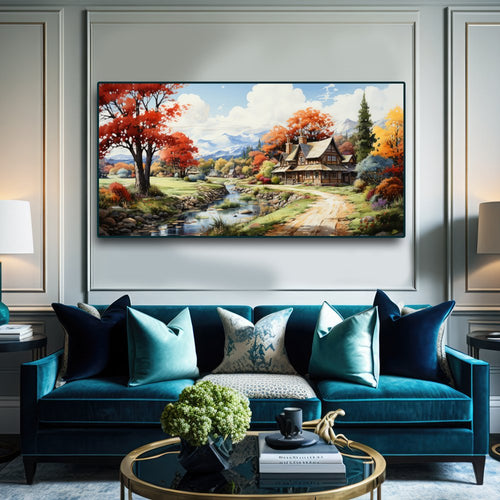 Serene Village Nature Wall Painting on canvas(48 x 24 Inches)
